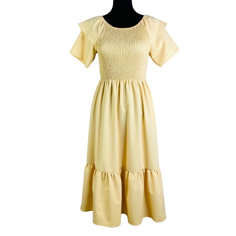 JessaKae collection pale yellow smocked puff sleeve midi dress women’s small